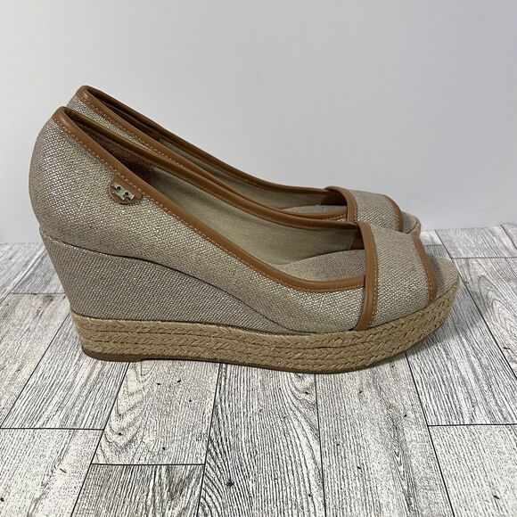 TORY BURCH MAJORCA Logo Wedge Espadrille Shoes Womens 8 EU 38 Plata Tan Metallic - Picture 8 of 17